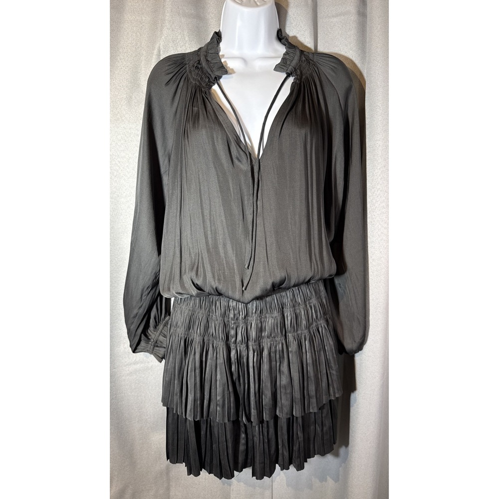 Current Air Cecile Pleated Mini Dress NWT Small S Charcoal Grey Smocked Boho